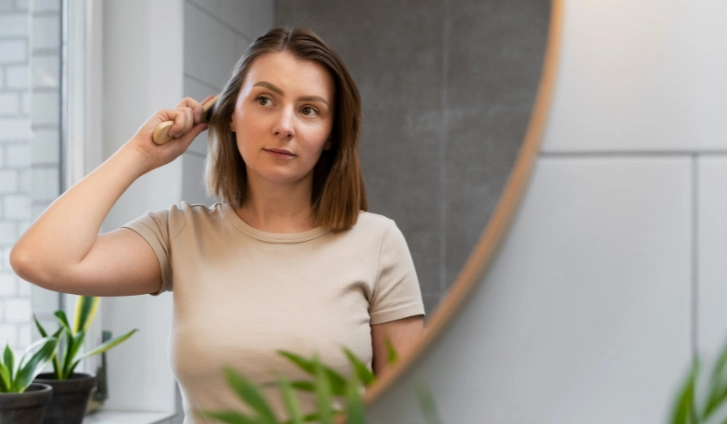 Alopecia femenina: mujer cepillándose el cabello frente al espejo con signos de caída y menor densidad capilar.