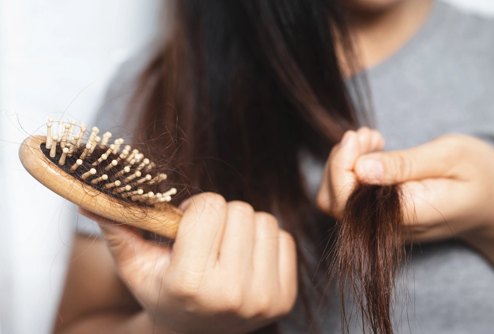 Caída excesiva de cabello, síntoma común de alopecia por estrés en mujeres.