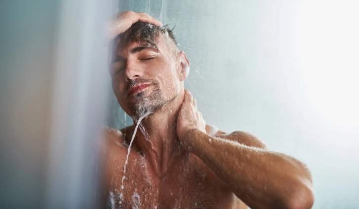 Hombre lavándose el cabello correctamente bajo la ducha, ejemplo de cómo lavarse el pelo para que no se caiga
