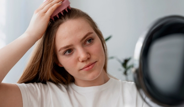 Mujer joven cuidando su cabello frente al espejo, imagen ilustrativa de alopecia en mujeres causas y tratamiento.