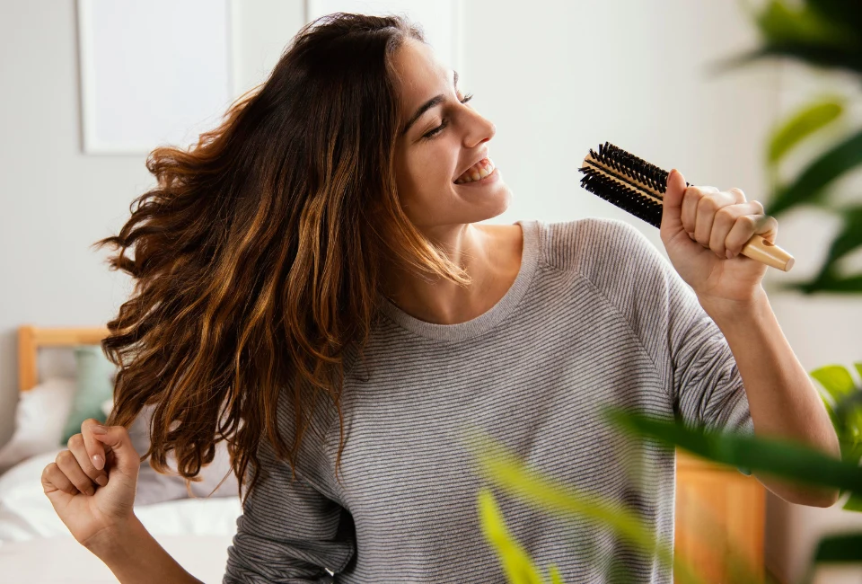 Mujer joven sonriente con cabello abundante y saludable tras tratamiento para la alopecia femenina.