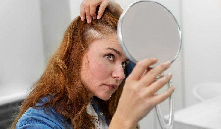 Mujer revisando su cabello en un espejo para detectar diferentes tipos de alopecia en mujeres