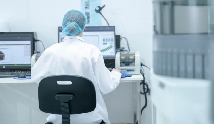 Clascoterona: técnico en laboratorio analizando resultados en ordenador en un entorno clínico.