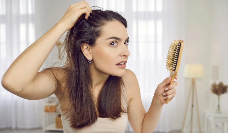 Mujer revisando su cabello frente al espejo preocupada por la caída de pelo por estrés en mujeres.