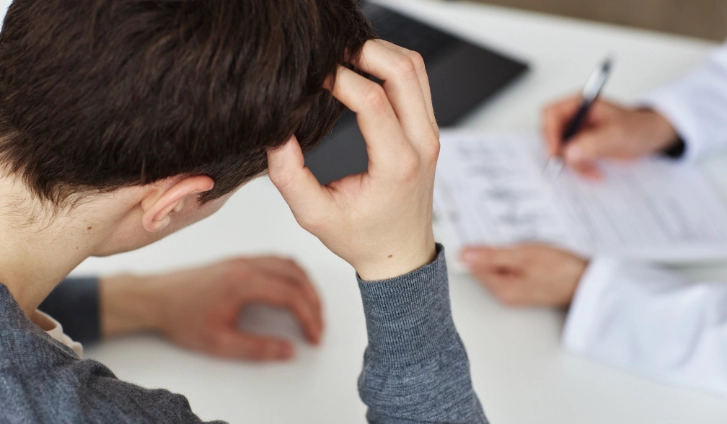 Hombre joven en consulta médica tocándose la cabeza por molestias relacionadas con granos en el cuero cabelludo mientras el especialista evalúa su caso.
